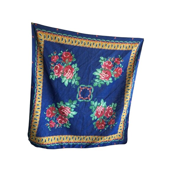 Vintage Floral Blue & Yellow Square Scarf With Red Roses & Greenery Design - Picture 1 of 5